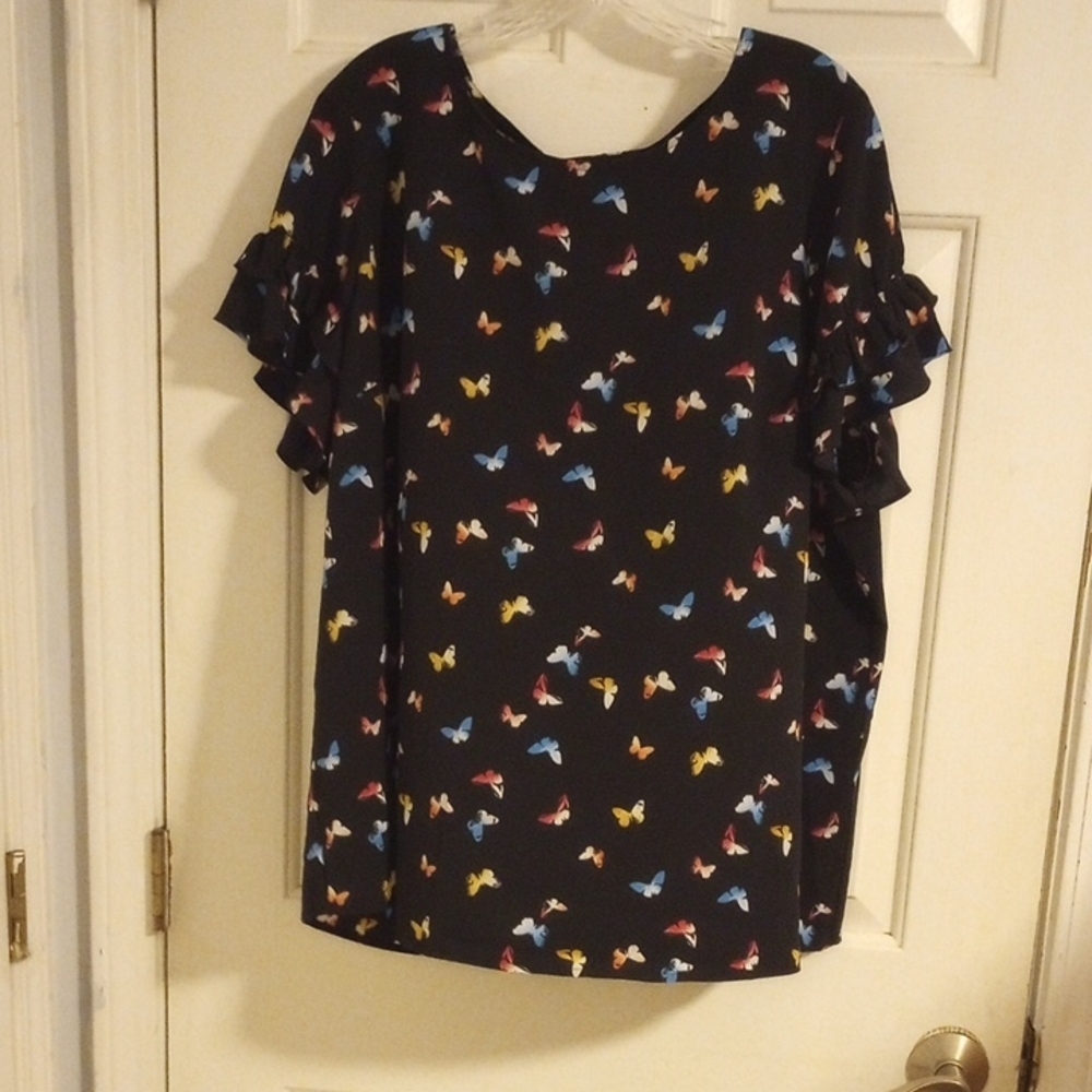 Lane Bryant Black Top with Colorful Butterfly Print